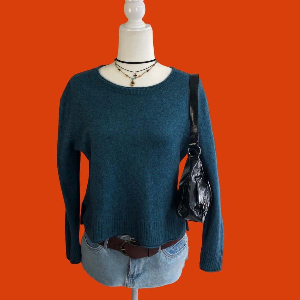 Rachel Zoe 100% Cashmere Teal Blue Crewneck Sweater Womens Large 2-Ply
